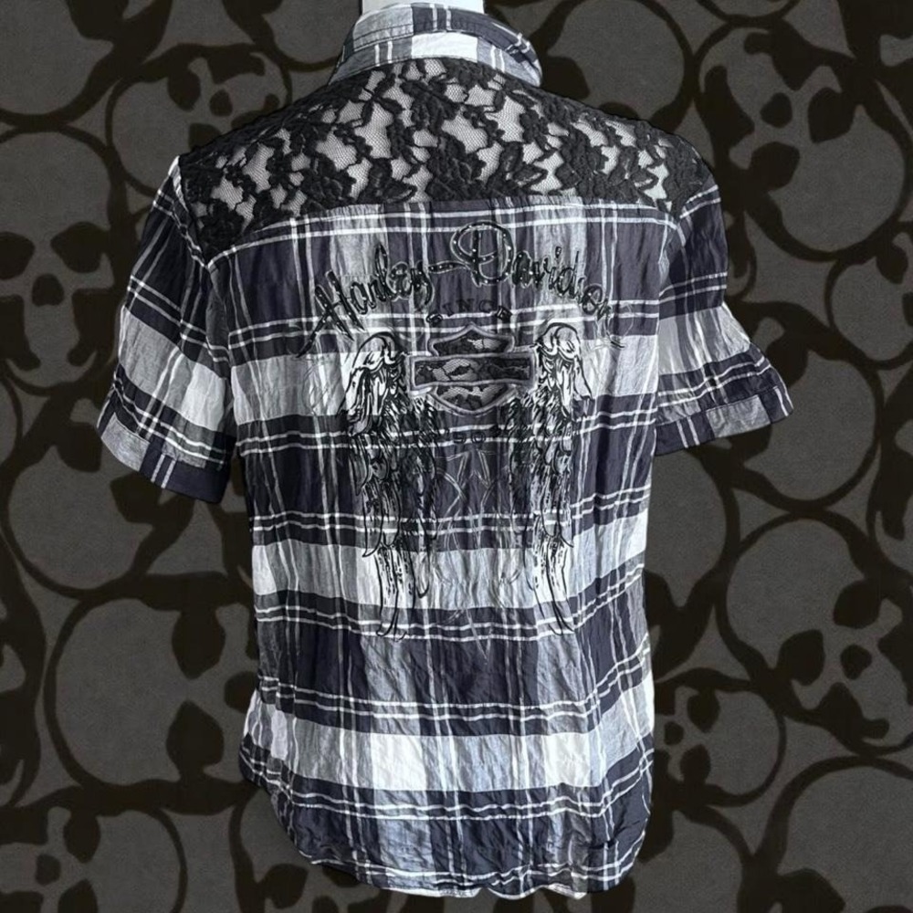 Plaid and lace black and white Harley Davidson pearl snap top grunge biker style
